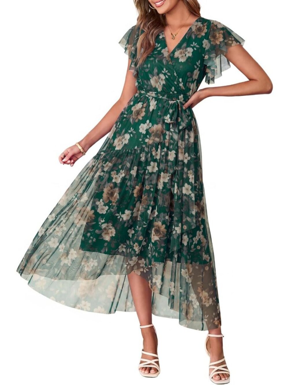 Floral Maxi Dress for Women - Summer Short Sleeve V-Neck, Belted, Flowing Beach